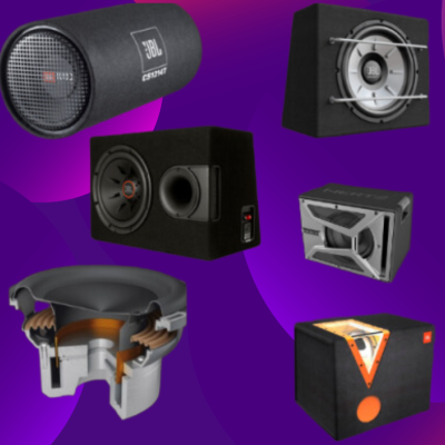 Conjunto de altifalantes variados em fundo roxo