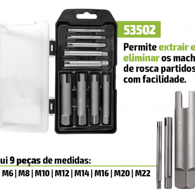 Conjunto de ferramenta para extrair machos de rosca partidos em caixa preta com tampa transparente
