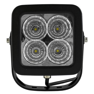 Refletor quadrado com quatro LEDs circulares numa estrutura preta com suporte metálico
