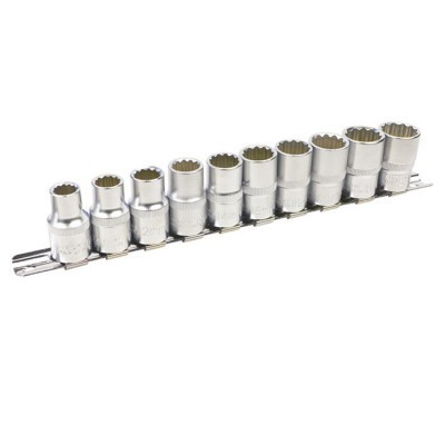 Conjunto de soquetes metálicos prateados organizados em suporte