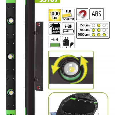 Lanterna de inspecção LED preta e verde com 3 focos, ímanes e código 53707