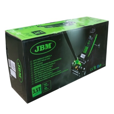 Caixa do gato hidráulico JBM 3.5T preta e verde com texto e imagem do produto
