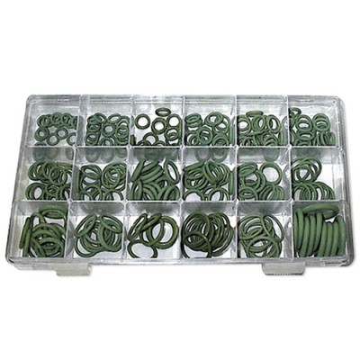 Estojo transparente com anilhas verdes de borracha de vários tamanhos