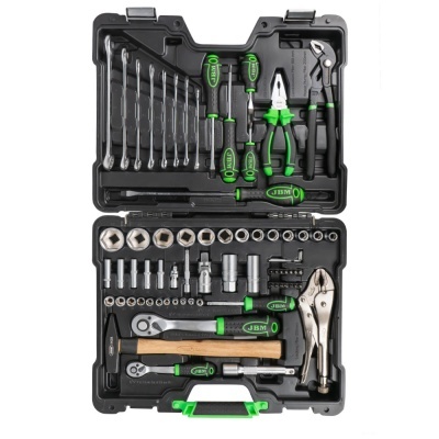 Conjunto de ferramentas multiusos organizadas em estojo preto com detalhes verdes