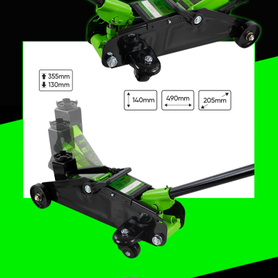Macaco hidráulico verde e preto 2T com alavanca, rodas, dimensões visíveis e embalagem JBM