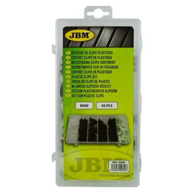 Estojo plástico JBM com 95 clips para BMW em embalagem verde e cinzenta