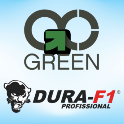 Logotipos GO GREEN e DURA-F1 PROFISSIONAL com pantera preta em fundo azul claro
