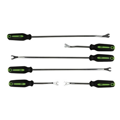 Conjunto de alavancas para remoção com punhos preto e verde e extremidades em forma de garfo.