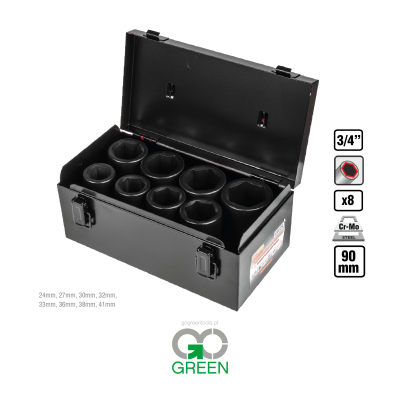 Conjunto de 8 soquetes de impacto em caixa metálica preta com tamanhos de 24mm a 41mm