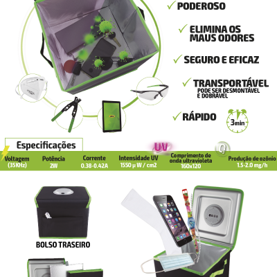 Caixa desinfetante preta com detalhes verdes e luz UV para higienização de objetos