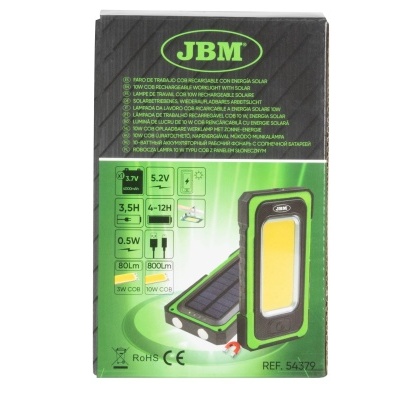Embalagem de luz de trabalho recarregável a energia solar JBM com especificações técnicas e imagens do produto