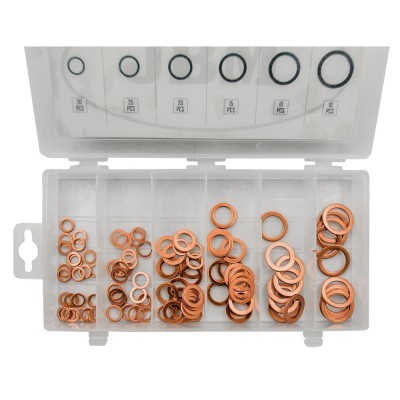 Conjunto de anilhas vedantes em cobre e borracha numa caixa plástica transparente