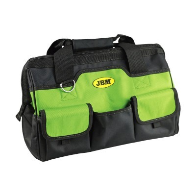 Bolsa de ferramentas preta e verde com várias bolsas exteriores e etiqueta JBM