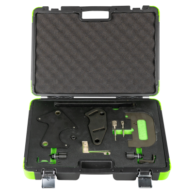 Conjunto de ferramentas específicas em caixa plástica preta e verde com peças metálicas