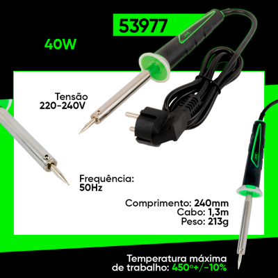 Ferro de soldar elétrico preto e verde com especificações técnicas e ficha europeia