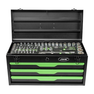 Caixa de ferramentas preta com gavetas verdes e ferramentas metálicas organizadas dentro