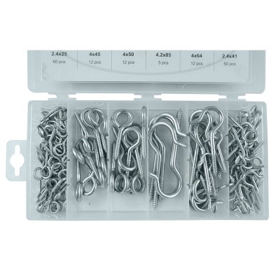 Caixa transparente com parafusos de olhal e mosquetões metálicos prateados organizados por tamanhos