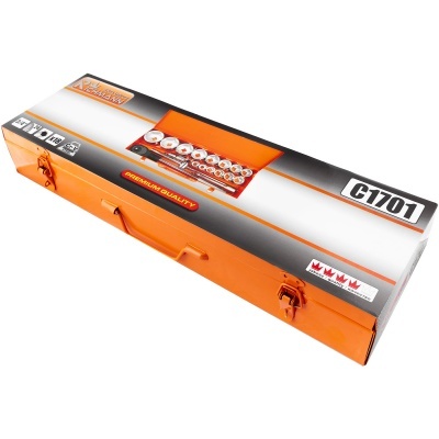 Estojo metálico laranja com conjunto de chaves de fendas