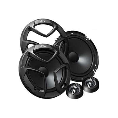 Conjunto de colunas de áudio JVC preto com altifalantes e tweeters