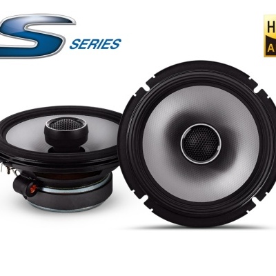 Par de colunas pretas com cones cinzentos e textos 'S SERIES' e 'Hi-Res AUDIO'