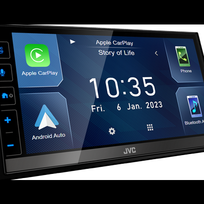Ecrã tátil JVC para automóvel com apps Apple CarPlay, Android Auto, Phone e Bluetooth Audio visíveis