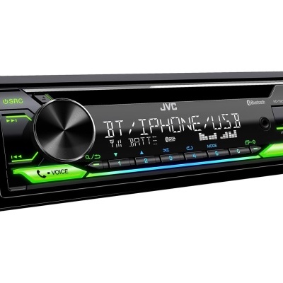 Aparelho de som automóvel JVC com visor digital e iluminação verde e azul