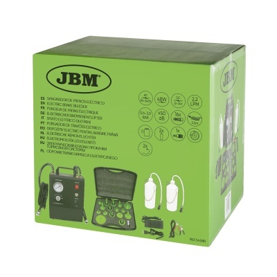 Caixa verde JBM com dispositivo elétrico para sangrador de freios e acessórios iluminada em fundo branco