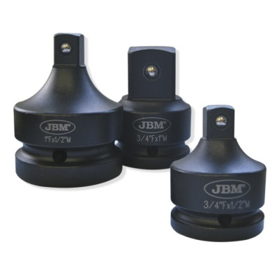 Conjunto de três adaptadores de ferramenta metálicos pretos com inscrições JBM e medidas