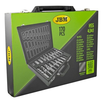 Caixa de ferramentas JBM 170 PCS em embalagem verde e cinza com estojo preto aberto mostrando peças metálicas