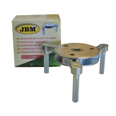Extractor de filtros de camião JBM de metal com três pernas, caixa branca e verde.