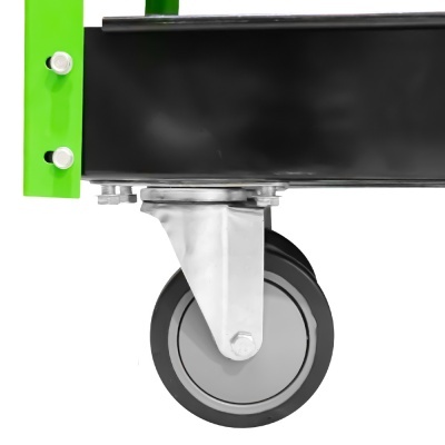 Roda giratória cinzenta com aro em borracha preta numa estrutura metálica verde e preta