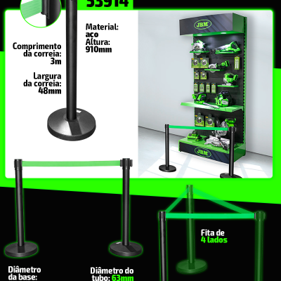 Suporte preto com fita verde para controle de multidões com especificações técnicas em português.