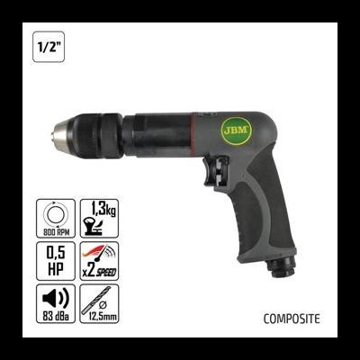 Pistola de impacto pneumática preta e cinza com logótipo JBM e ícones técnicos
