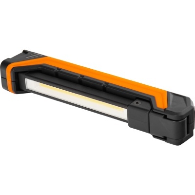 Lanterna LED portátil preta e laranja com luz branca