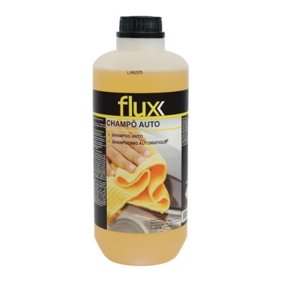 Frasco de champô auto flux com líquido amarelo e rótulo com mão a limpar com pano amarelo