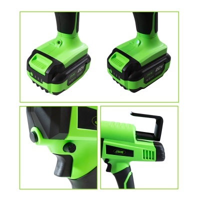 Detalhes de uma ferramenta elétrica verde e preta com bateria 20V e marca JBM