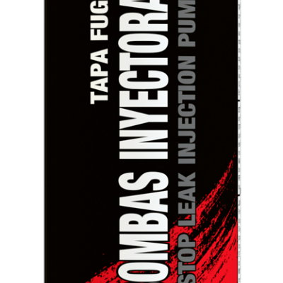 Lata preta e vermelha com tampa branca e rótulo de produto para tapar fugas em bombas injetoras