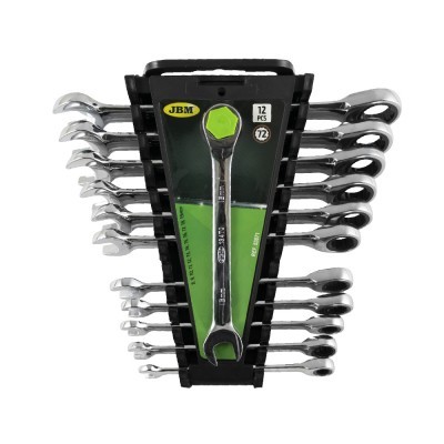 Conjunto de 12 chaves de boca e de estrela em aço cromado numa base plástica preta