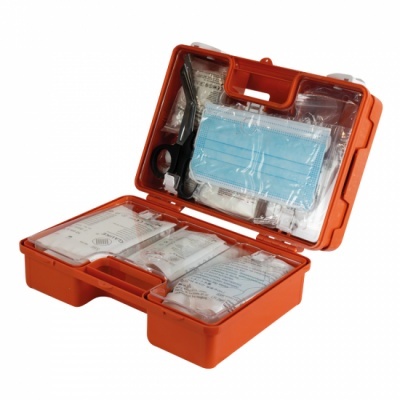 Kit primeiros socorros estojo laranja com máscara azul e tesoura