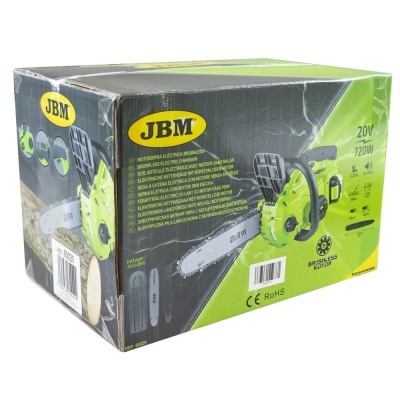 Caixa de motosserra elétrica JBM em cartão preto e verde com texto e imagens