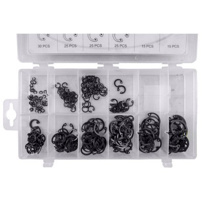 Caixa plástica transparente com argolas pretas organizadas em compartimentos