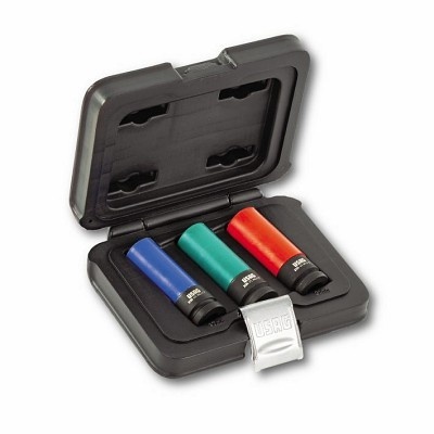 Conjunto com três soquetes de impacto coloridos em caixa preta