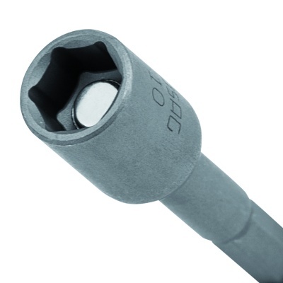 Chave de soquete metálica cinza com seis lados e texto 