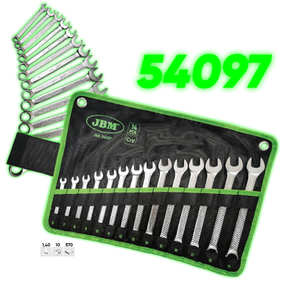 Conjunto de 14 chaves boca-luneta em suporte preto com borda verde