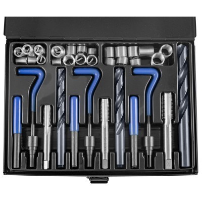 Conjunto de ferramentas para reparação de roscas numa caixa preta organizada
