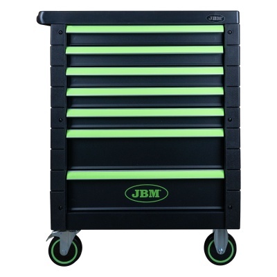 Carrinho de ferramentas preto com detalhes verdes e rodas, com logótipo JBM