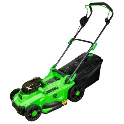 Corta-relva elétrico verde e preto com pega dobrável e saco coletor