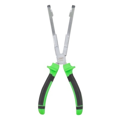 Alicate para anéis de retenção verde e preto com cabos metálicos e texto no centro.
