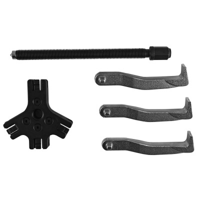 Conjunto de ferramentas metálicas pretas com haste roscada longa, peça circular e três braços em gancho