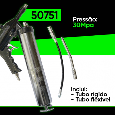 Pistola de pressão preta e prata com dois tubos, texto de especificações e números